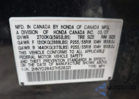 2007 Acura Mdx z USA, uszkodzony, nr VIN 2HNYD28437H528321